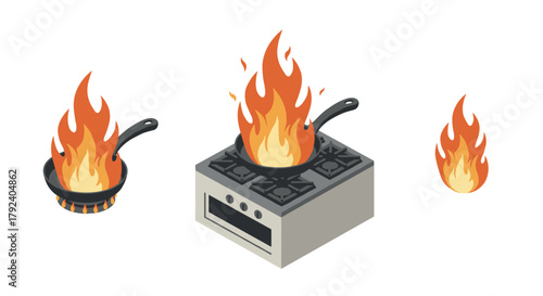 Cooking safety alert flames on stove and pans in isometric design