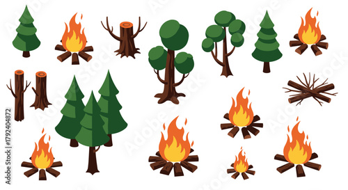 Collection of cartoon campfire and forest trees