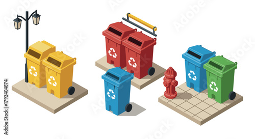 Colorful isometric recycling bins and fire hydrant in urban setting