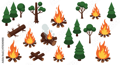 Set of cartoon campfires and trees with logs