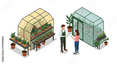 Gardening enthusiasts discuss plans near isometric greenhouses with potted plants