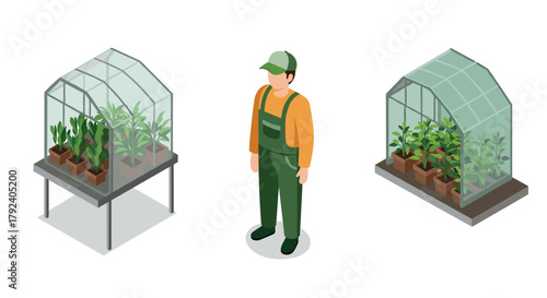 Isometric gardening scene with greenhouses and gardener in overalls