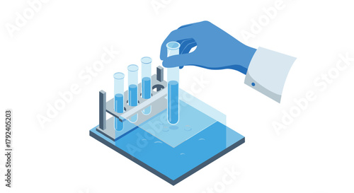 Blue gloved hand handling test tube in scientific laboratory setup