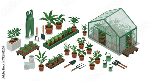 Isometric gardening essentials with greenhouse and potted plants collection