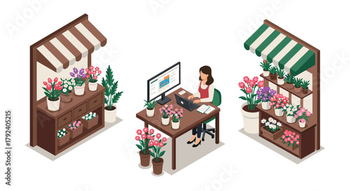 Isometric digital flower shop workspace with desktop and potted plants