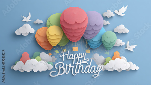 Colorful paper hot air balloons floating with birds and clouds paper craft