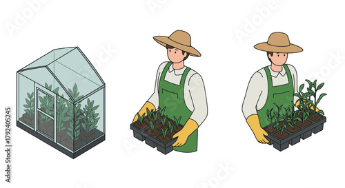 Gardener and greenhouse with seedlings in isometric style