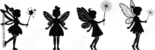 Cute fairy silhouettes with magic wands, fantasy illustration of fairies, magical girls with wings, whimsical design, fairytale and imagination art.