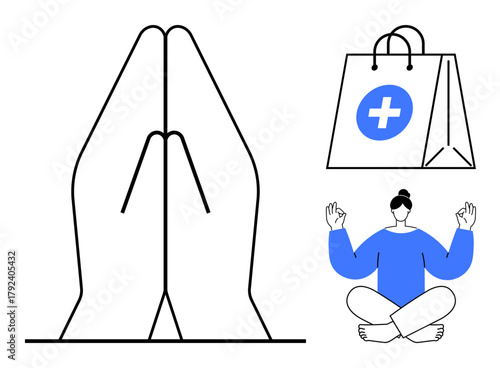Folded hands expressing gratitude, shopping bag with medical cross, and person meditating cross-legged. Ideal for mindfulness, self-care, gratitude, healthcare, holistic health, wellness mental