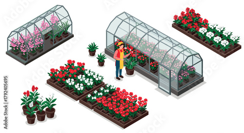 Isometric greenhouse garden with vibrant flowers and plants