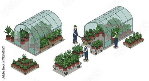 Isometric greenhouse scene with workers arranging potted plants