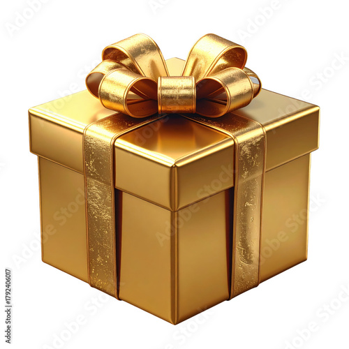 Realistic gold gift box with ribbon. 3D rendering. PNG Icon on transparent background