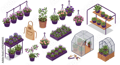 Isometric indoor gardening elements with greenhouse and potted plants