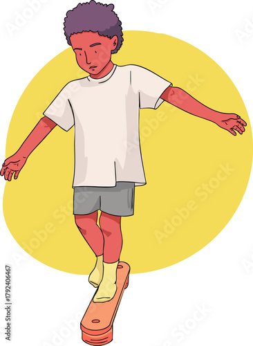 A boy is performing an exercise on a Balance beam. Vector illustration.