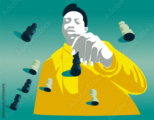 A man is holding a chess piece. Vector illustration.