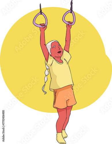 A girl is hanging on gymnastic rings. Vector illustration.