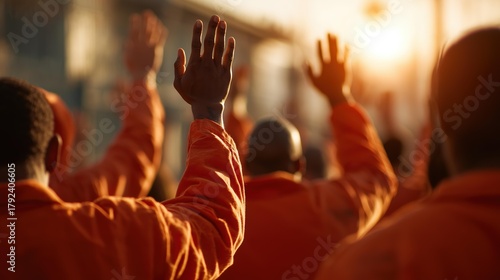 Group of young African American men in orange prison uniforms raising hands at sunset in a hopeful gesture