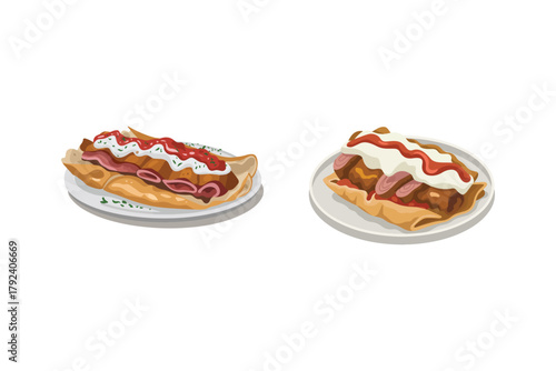 Delicious fresh dessert pastry of white cream and red strawberry jam on a gourmet baked cake served as a sweet fruit snack on a plate