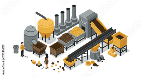 Isometric industrial factory scene with conveyor systems and workers in yellow and gray