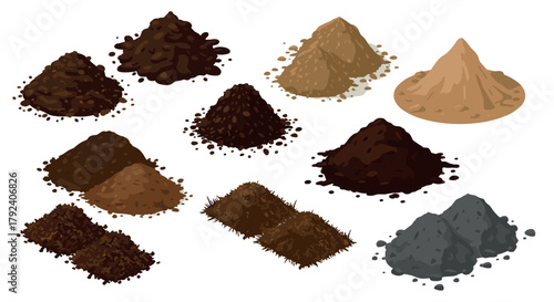 Diverse soil pile collection in isometric style for gardening and landscaping projects