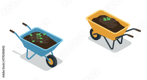 Isometric wheelbarrow with soil and plants in modern gardening design