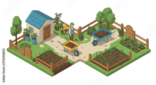 Isometric garden scene with gardener and wheelbarrows in a lush backyard