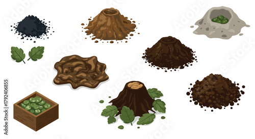 Different types of soil and compost with leaves in isometric style