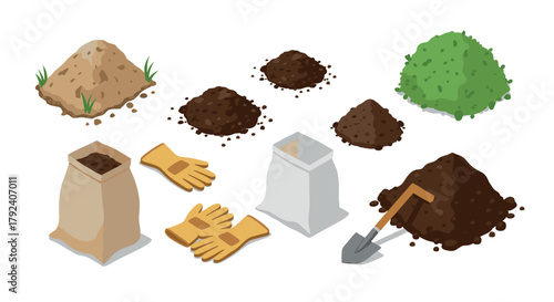 Gardening tools and soil elements set in flat style