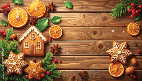 Festive gingerbread house, cookies, and dried oranges for Xmas. Holiday treats: gingerbread house, cookies, and dried oranges. Christmas vibes with gingerbread house, cookies, and citrus