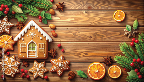 Gingerbread house with cookies, dried oranges, and festive greenery. Holiday gingerbread house surrounded by cookies and dried oranges. Christmas gingerbread house, cookies, and vibrant dried oranges