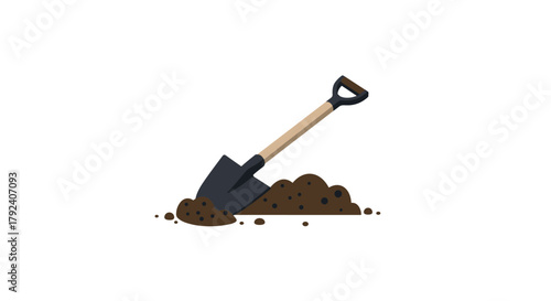 Shovel in soil essential gardening tool on white background