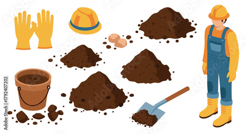 Isometric gardening set with tools, soil, and worker elements in flat design