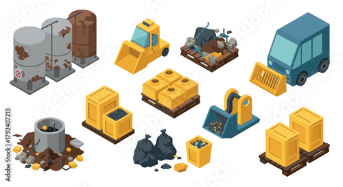 Isometric construction equipment set with industrial vehicles and materials