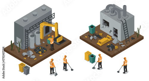 Isometric construction site with bulldozer and workers in work safety gear