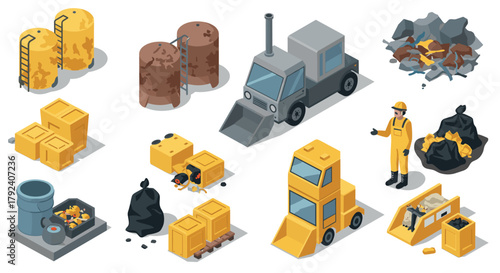 Isometric industrial waste management elements with machinery and worker