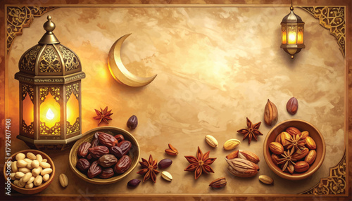 Golden lantern and crescent moon with spices and dried fruits. Ramadan scene: crescent moon, lantern, spices, and dates. Spices, lantern, and crescent moon with dried fruits for Eid