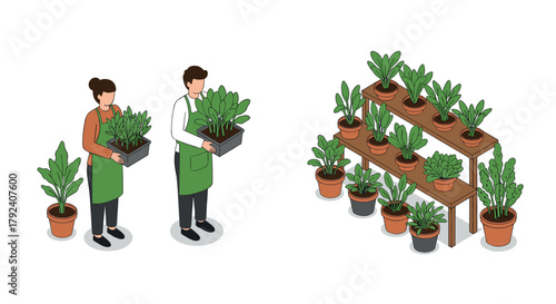 Isometric gardening scene with people holding potted plants and display shelves