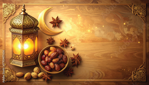 Warm Ramadan atmosphere with lanterns, dates, and almonds. Elegant Ramadan décor with a crescent moon, lanterns, and dates. Ramadan night: crescent moon, glowing lantern, and sweet dates