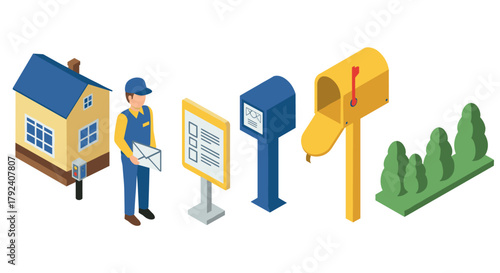 Isometric postal service elements with mailman, mailboxes, and house