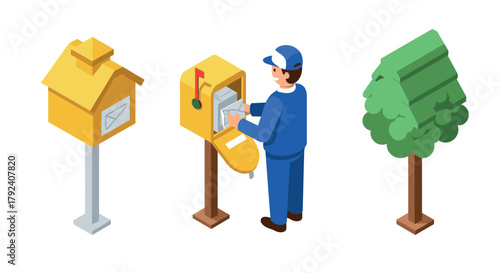 Mailman delivering letters to bright yellow mailbox in isometric style