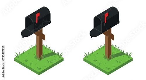 Isometric black mailbox on grass patch with red flag and wooden post