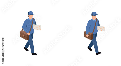 Isometric delivery worker walking with mail and briefcase on white background