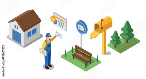 Isometric mail delivery scene with mailman, house, trees, and mailbox in a residential area