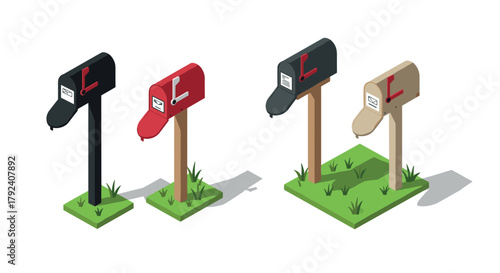 Isometric mailbox set on grass patches red, black, and beige designs with shadows