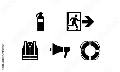 Set Piktogramme Sicherheit – Feuerlöscher, Notausgang, Sicherheitsweste, Megafon, Rettungsring (schwarz)