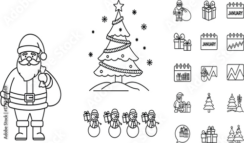 Christmas holiday illustration set, Santa Claus with sack and bell, decorated tree, snowmen with gifts, festive winter celebration vector design