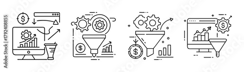 Business process sales funnel and data analysis outline icons