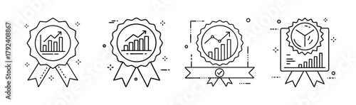 Business growth charts and achievement badges icon set outline