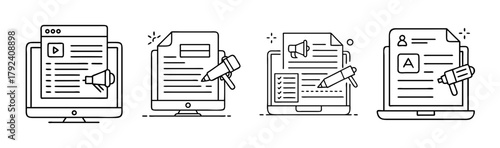 Online content strategy and digital marketing promotion icons