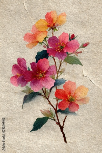 Vintage watercolor floral illustration on textured paper – hand-painted pink and orange blossom bouquet, botanical art print for decor and design